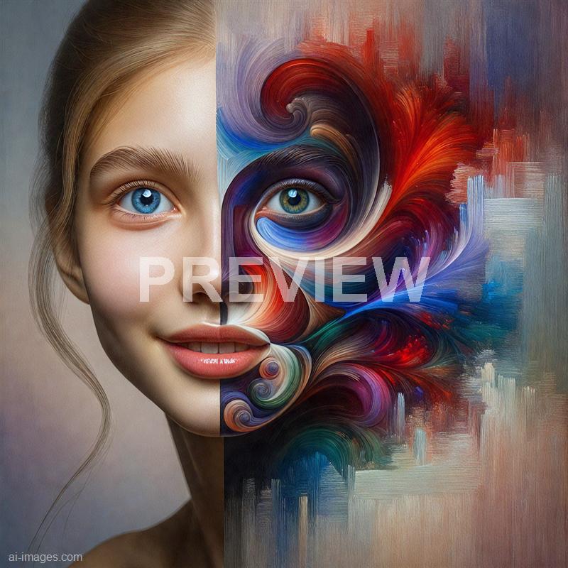 The image features a split portrait of a young woman, with the left side showing a highly realistic, detailed photograph of her face, including her blue eye, smooth skin, and softly smiling lips. The right side transitions into an abstract, swirling digital painting that incorporates vibrant, dynamic colors like reds, blues, purples, and whites, forming a spiral pattern that resembles her eye and hair, blending seamlessly into an artistic, textured background. The overall composition creates a striking contrast between realism and abstract art, emphasizing the duality of human identity and creativity.